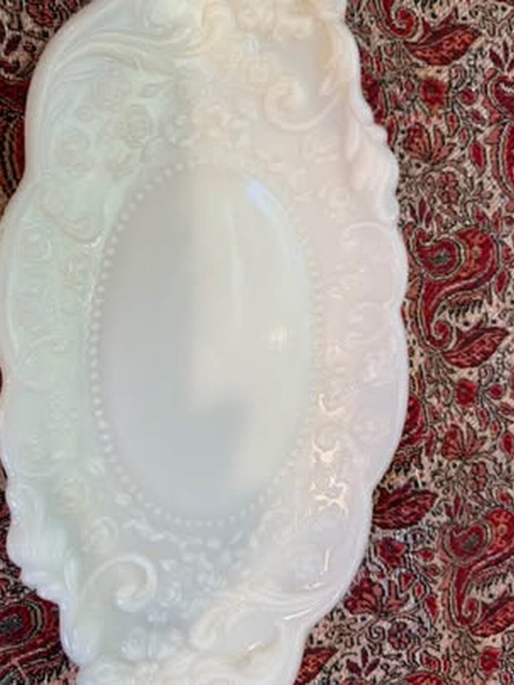 Vintage Milk Glass Floral Embossed Dresser Tray